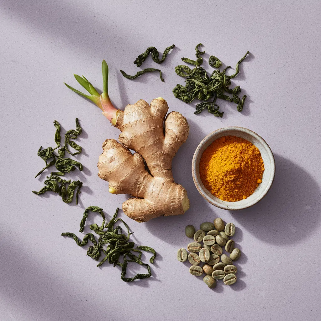 Groene thee bladeren, gember, kurkuma en groene koffiebonen - ingrediënten flatlay voor voedingssupplement voor energie